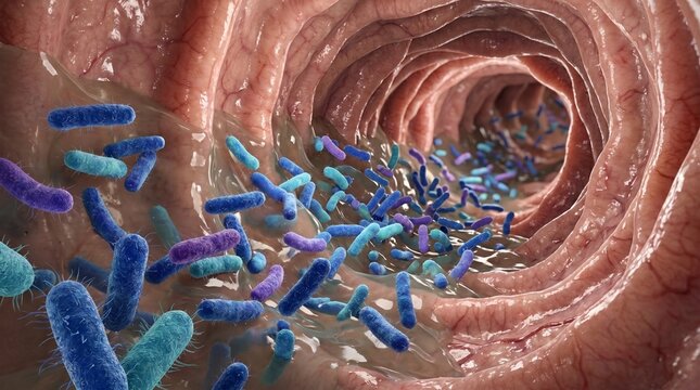 Microscopic view inside the human intestine showing diverse bacteria and microbes with digestive system human body intestinal tract intestinal flora intestinal wall intestinal heal