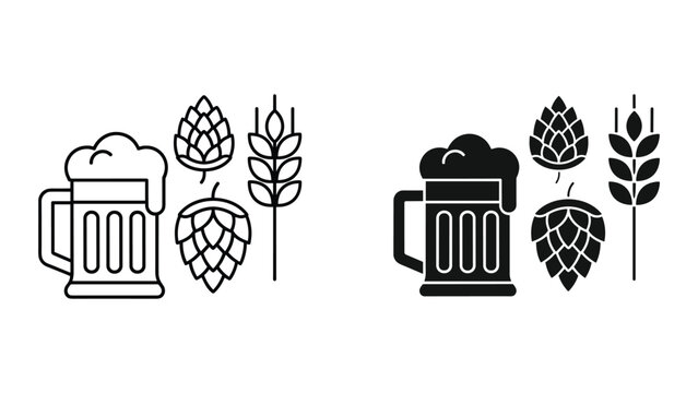 Black and white line and solid icon set of beer mug with hops and wheat for brewery or pub branding or advertising