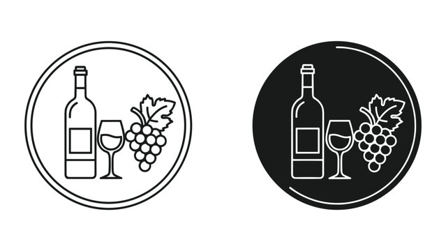 Black and white wine bottle and glass icons with grapes in circular frames on isolated white background