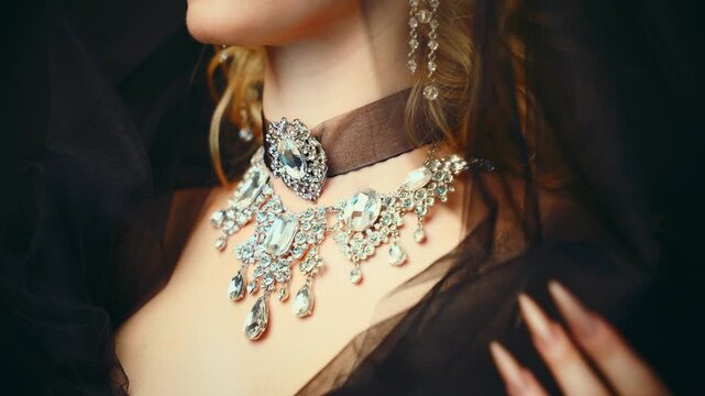 Fantasy girl portrait dark rich queen woman cropped face goddess, luxury elf girl, black dress hood blonde hair, royal person hand touching silver jewelry set victorian style. long nails sharp claws.