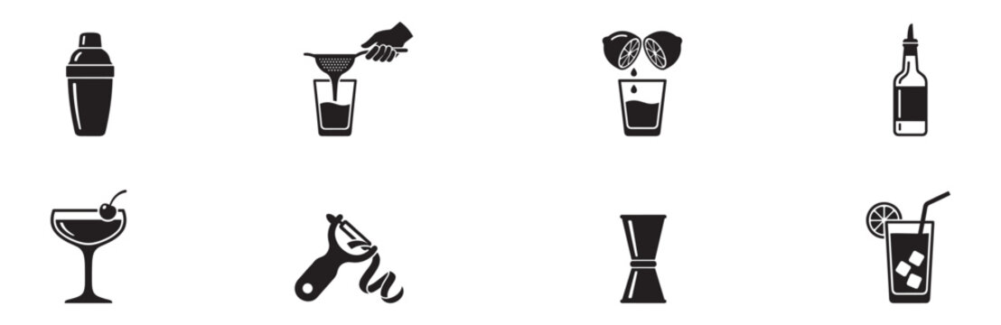 Bar Tools and Cocktail Accessories Icon Set. Shaker, Jigger, Strainer and Glass Symbols. Vector Illustration.