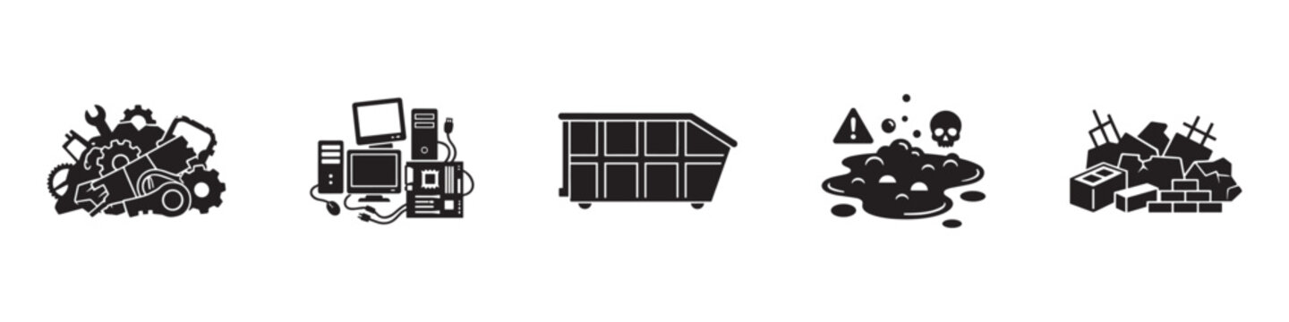 Industrial Waste and Recycling Icon Set. Scrap Metal, Electronic Waste and Hazardous Material Symbols. Vector Illustration.