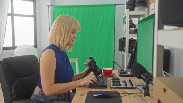 Woman holds dslr camera and types with hands at computer keyboard in studio green screen setup; concentration creativity.