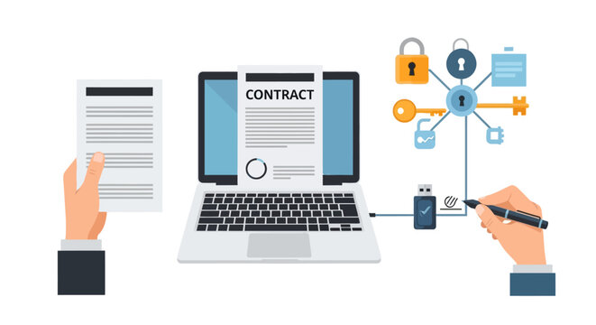 Hands interact with laptop and documents to secure digital contract