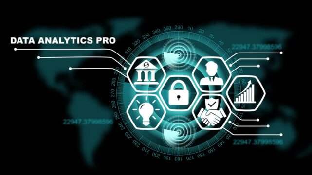 Data analytics pro HUD interface featuring glowing hexagonal icons and circular data tracking nodes over a world map for advanced global information intelligence and big data processing.