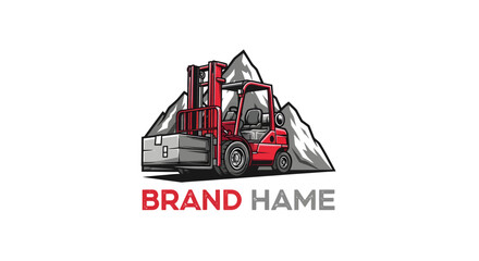 Red forklift lifting heavy cargo with mountain backdrop logo. © Imeldaputriayu
