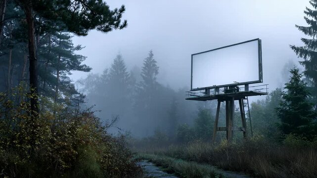 Empty billboard in a foggy pine forest