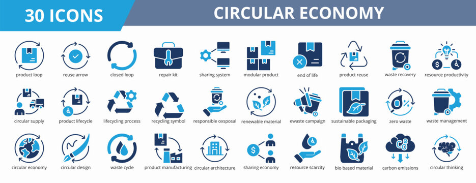Set of glyph blue style circular economy icon. A collection of icons suitable for web and mobile application. Including product loop, reuse arrow, closed loop, repair kit, sharing system, and more.