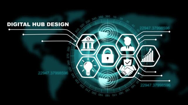 Digital hub design HUD interface featuring central lock icon and hexagonal data nodes for global cybersecurity and financial data management systems.