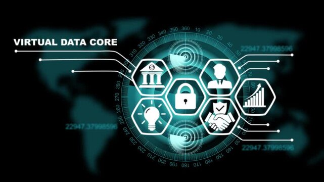 Virtual data core HUD interface with central lock symbol and hexagonal nodes for high-level data encryption and global information security systems.