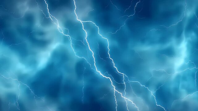 Fantasy wallpaper. A vivid depiction of a striking lightning strike. The sky is a deep blue, with numerous white lightning bolts striking across it, creating a dynamic and powerful scene.