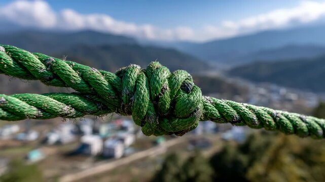 Green rope knot with mountain landscape background