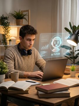 Young Student Studying with Artificial Intelligence Tutor on Laptop in Modern Cozy Workspace