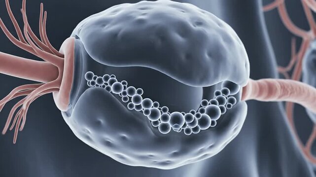 3D Rendering Of A Neuron Synapse With Neurotransmitter Vesicles Against Dark Background