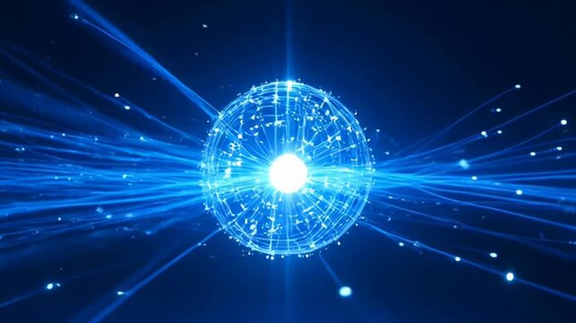 Glowing blue digital network sphere with radiant lines.