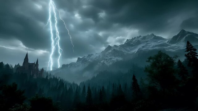 Fantasy wallpaper. A dramatic digital artwork depicts a mystical landscape. A majestic castle with pointed spires stands atop a misty mountain range. The sky is filled with dark, stormy clouds.