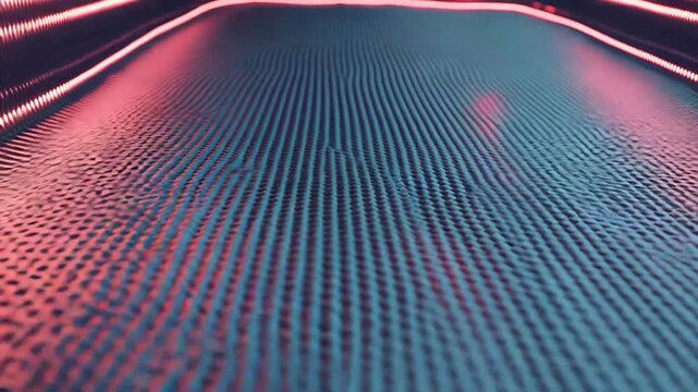 Wavy dark carbon fiber surface reflecting vivid neon pink lighting, creating an futuristic abstract background with subtle rippling patterns and glowing highlights
