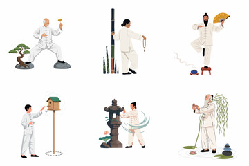 Fototapeta premium Collection of men in traditional Chinese attire practicing tai chi, qigong, and various meditative activities for mindfulness, spiritual balance, and inner peace.