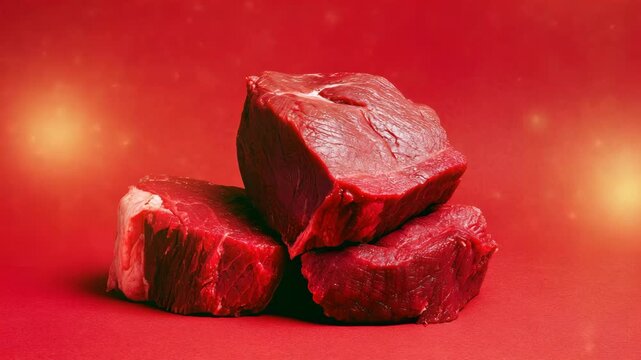 Raw beef cubes on red background with sparkles