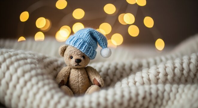 A tiny plush teddy bear with a light blue knit pom-pom hat sitting in the folds of a soft, chunky knit blanket against golden bokeh holiday lights