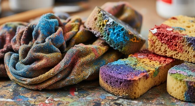 A messy artist workshop desk featuring colorful stained cleaning rags and multiple paint-covered sponges used for textures and crafting