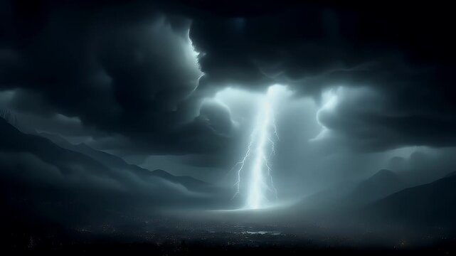Tornado, twister, weather, natural disaster. A dramatic depiction of a stormy landscape. The sky is filled with dark, swirling clouds, and a bright lightning bolt is striking through them.