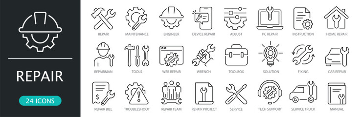 Repair line icon set. Editable Stroke. Maintenance and service symbols for fixing and tools concepts. Repair, maintenance, service, tools, wrench, fixing, support, mechanic, technician © Carpe Diem