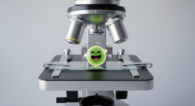 Modern laboratory microscope with green smiling cell on glass slide