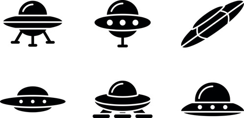 Simple UFO Icon Vector Set Featuring Minimalistic Flying Saucer Designs for Sci-Fi and Alien-Themed Projects © DabashChandra