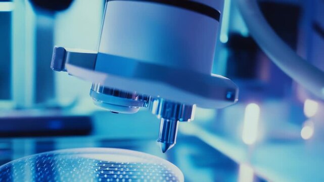 Microscope head precisely examining a circular silicon wafer with integrated circuits and microchips, illuminated by blue light in a high tech research facility