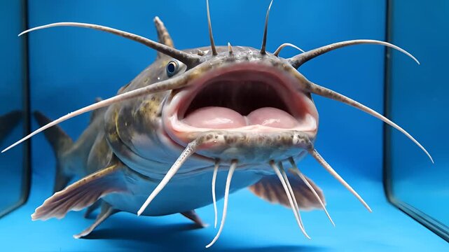 Closeup of a large catfish with an open mouth and prominent barbels.