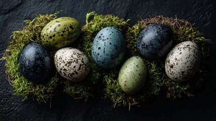 Obraz premium Eggs positioned within small patches of moss placed on a dark surface, contrast between vibrant green and deep charcoal tones