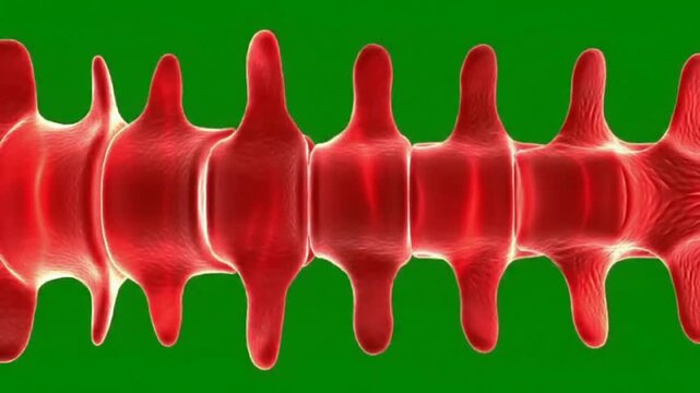 3D Rendering Of Isolated Human Vertebrae In Vivid Red Color On Green Screen Background For Medical And Educational Use
