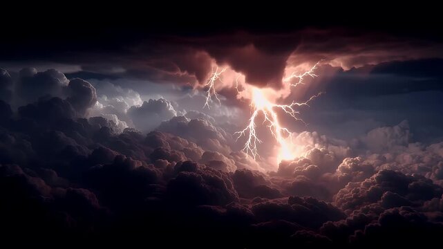 Fantasy wallpaper. A dramatic depiction of a stormy sky. A lightning bolt strikes through the clouds, illuminating the sky with a fiery orange and yellow hue.