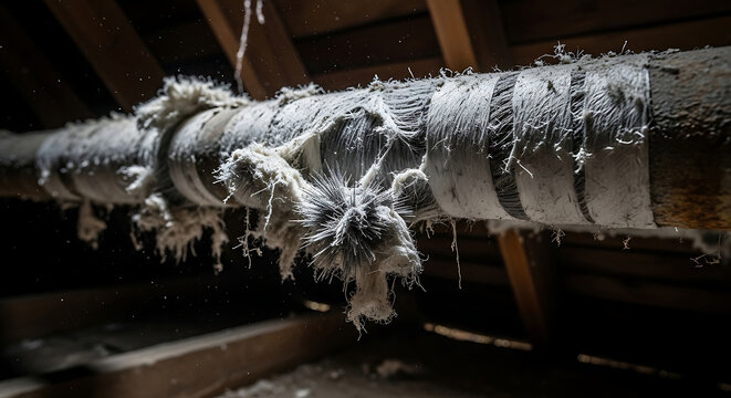 Dangerous Damaged Asbestos Insulation on an Old Pipe in a Dark Attic Illustrating Toxic Airborne Fibers and the Health Risks of Exposure During Home Remediation