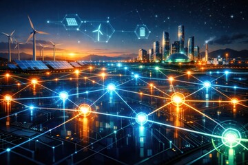 Fototapeta premium Smart city with renewable energy network solar wind power and digital grid innovation future tech