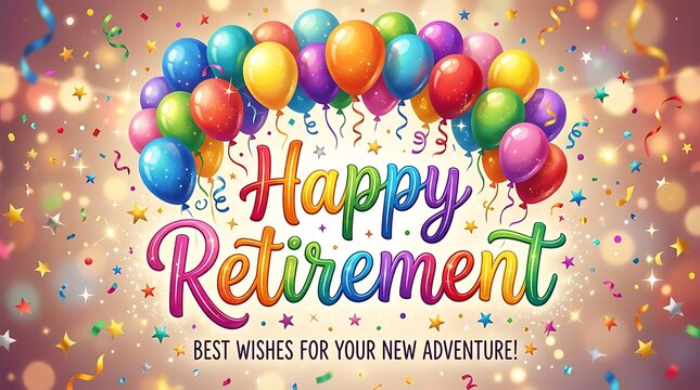 Happy Retirement celebration card with colorful balloons and confetti on a festive golden background for a joyful farewell party or office work event greeting