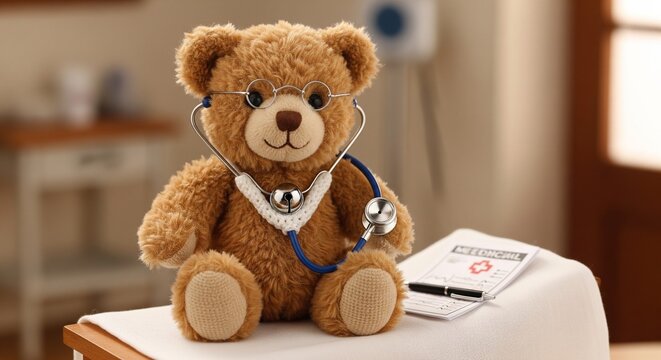A cute brown teddy bear sitting on a medical table, wearing a silver and blue stethoscope around its neck. Next to the bear is a medical clipboard with a pen