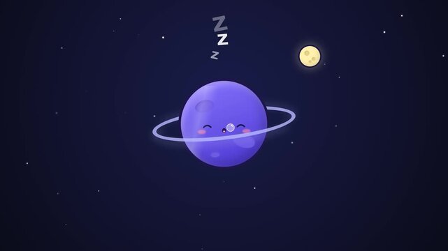 A purple planet with a ring and a smiling face is sleeping near a yellow moon in space with stars.