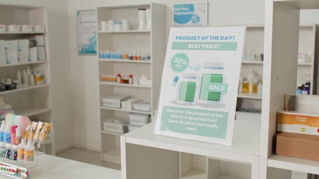 Close up shot of sale offer poster on white checkout counter in empty pharmacy interior with medication bottles in background, copy space