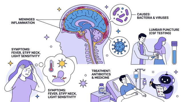 Medical Illustration of Bacterial Meningitis Showing Inflamed Brain Meninges Membrane with Spinal Cord Infection and Pathogenic Microorganism Causing Cerebral Swelling and Fever
