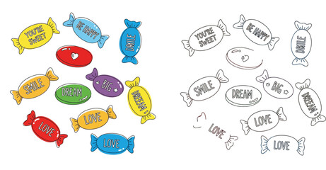 Obraz premium Cute Sweet Candies with Motivational Quotes Color and Line Art Outline Set for Coloring Book Vector