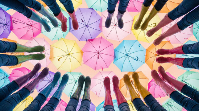 Colorful rain boots and bright umbrellas form a cheerful circle seen from below, expressing unity, friendship, rainy day fun, coordination, and playful fashion in a vibrant overhead composition.