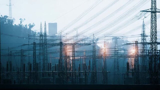 Electricity substation featuring numerous transmission towers, high voltage cables, and insulators providing power and energy to urban infrastructure and industry