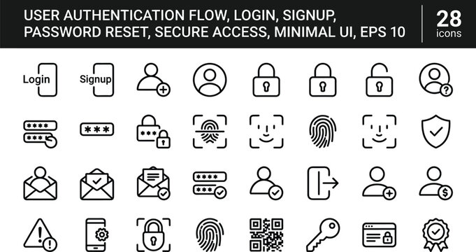 User Authentication Flow Line Icon Set With Login Signup Password Reset Secure Access And Minimal UI Symbols
