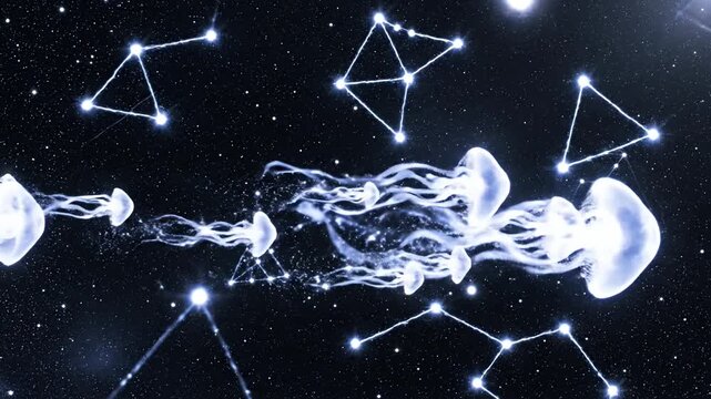 Surreal glowing jellyfish floating in deep space among constellations
