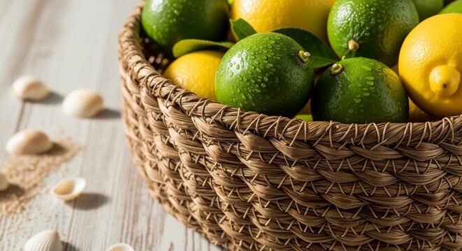 A close-up shot of a woven wicker basket filled with fresh, wet green limes and yellow lemons covered in water droplets. The basket sits on a light wooden table with a few small white seashells scatte