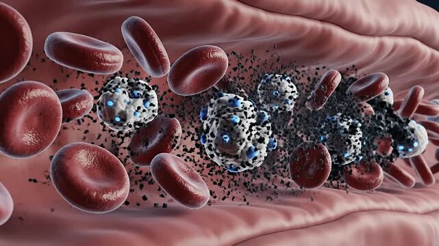 3D Visualization of Blood Cells and Nanobots Interacting Within the Bloodstream Illustrating Medical Technology and Biological Processing