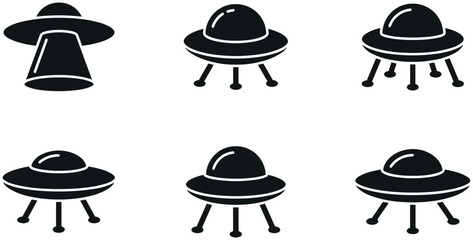 UFO Icon Vector Set Featuring Minimalist Flying Saucer Designs for Sci-Fi and Alien-Themed Graphic Projects © DabashChandra