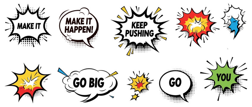 Inspirational comic style speech bubbles and explosion graphics
